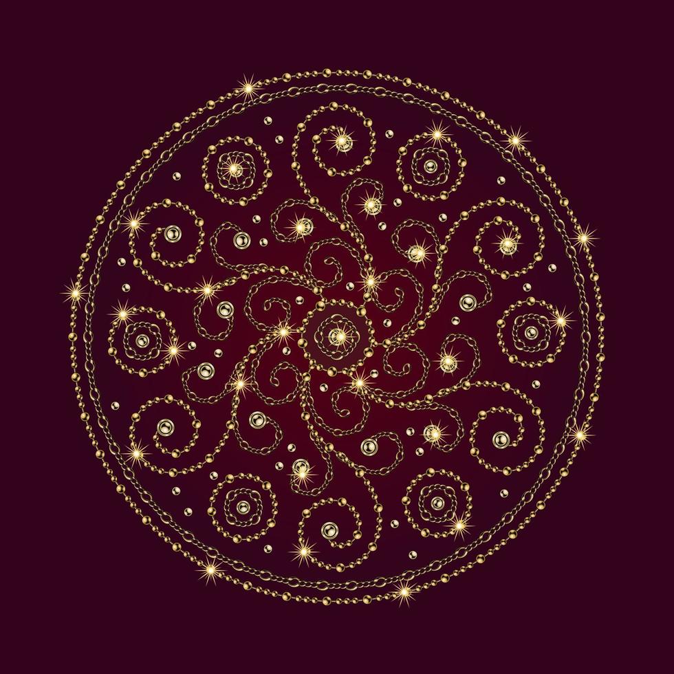 mandala de lujo brillante con cadenas doradas, cuentas sobre un fondo rojo oscuro. mandala de encaje decorativo con rizos, líneas onduladas para impresión, afiche, portada, folleto, volante, pancarta vector