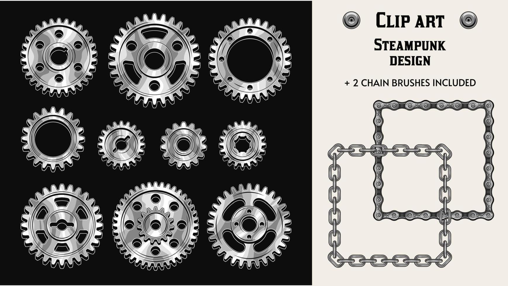 conjunto con elementos de diseño vintage detallados monocromáticos. engranajes de plata, cepillos de patrón de cadenas de metal, remaches sobre fondo negro y blanco. ilustración vectorial aislada. estilo steampunk vector