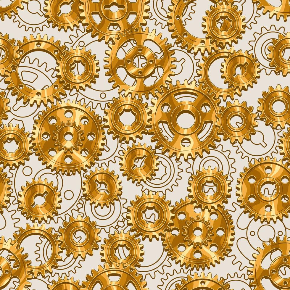 Seamless pattern with gold shily machine gears and linear gears behind on a beige background. Steampunk style vector