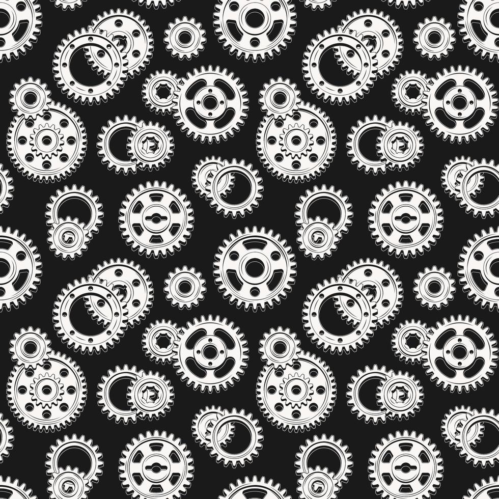 Seamless monochrome mechanical pattern with machine gears on a black background. Steampunk style. vector