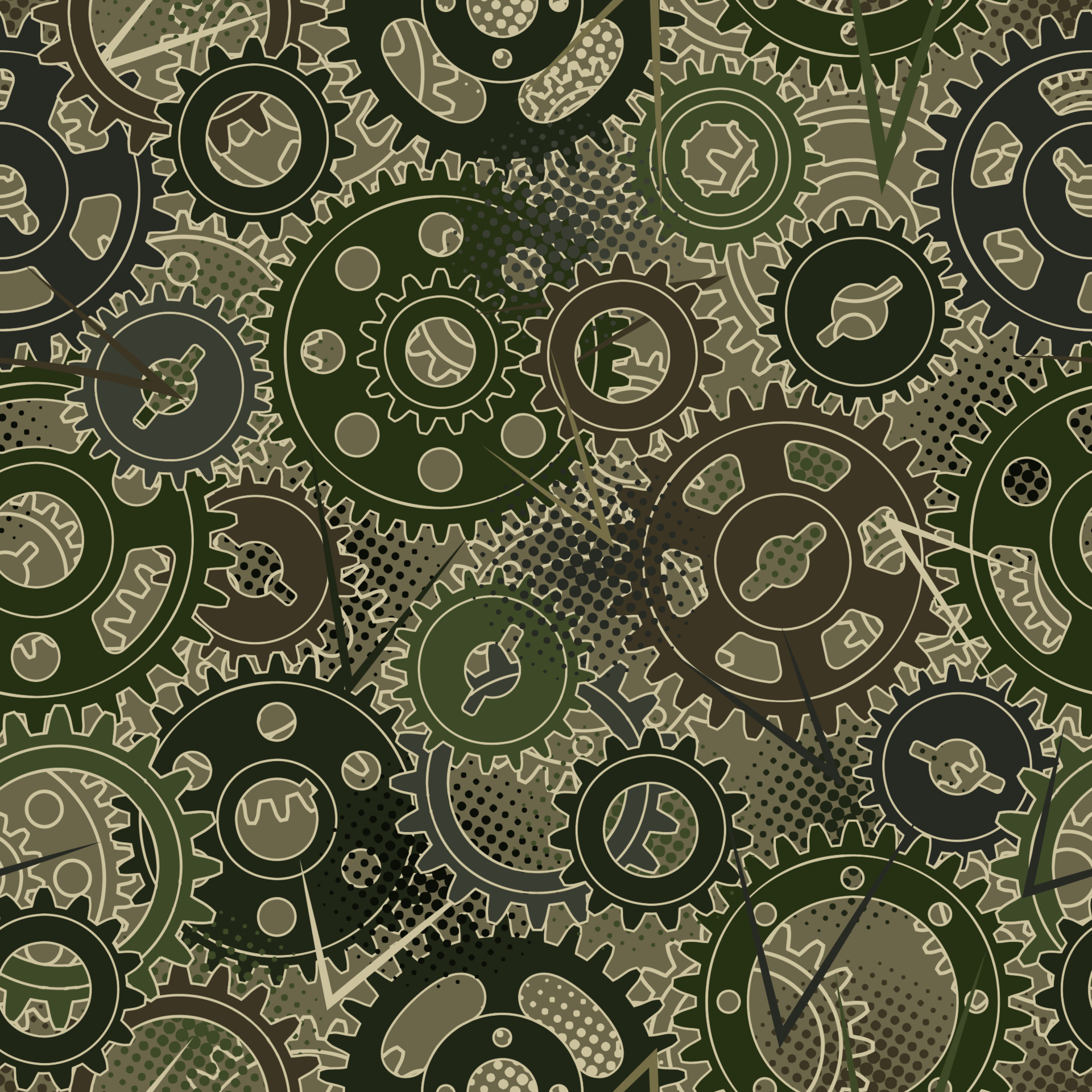 Seamless pattern with gears, dotted halftone texture. Green camouflage
