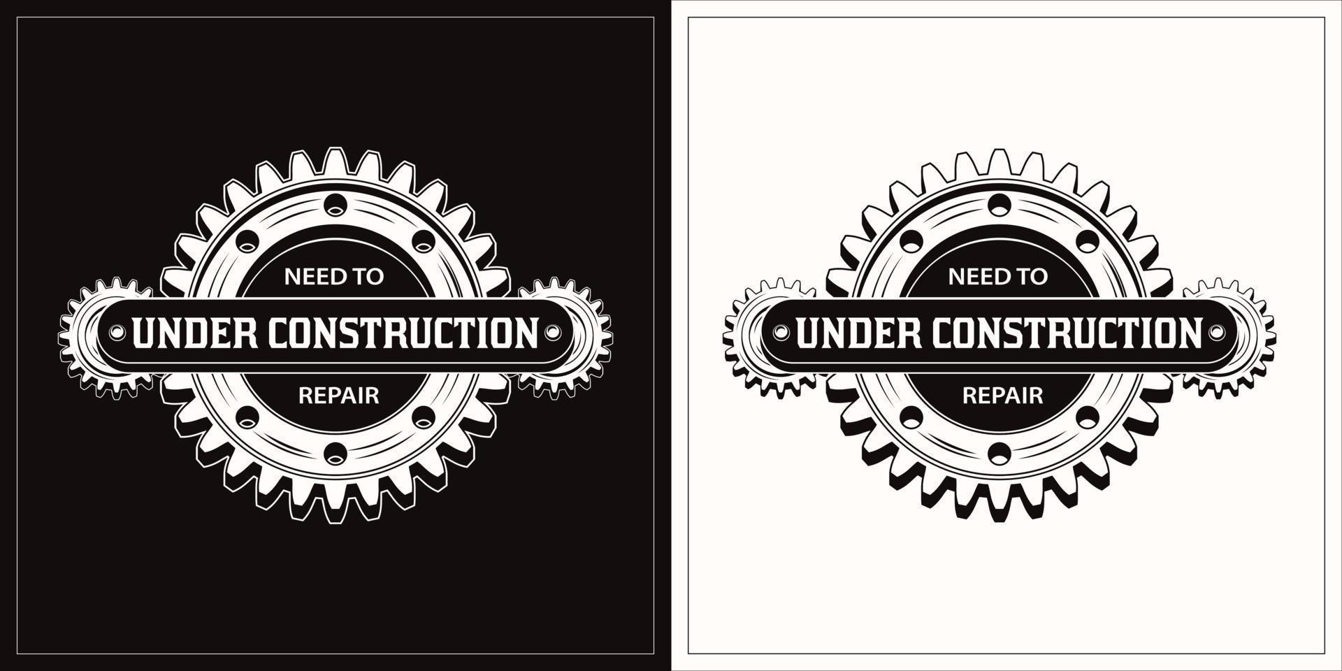 Vintage label with black ans white gears, rivets, horizontal space for text. Warning emblem Under construction and Need to repair. Round emblem in steampunk style. vector