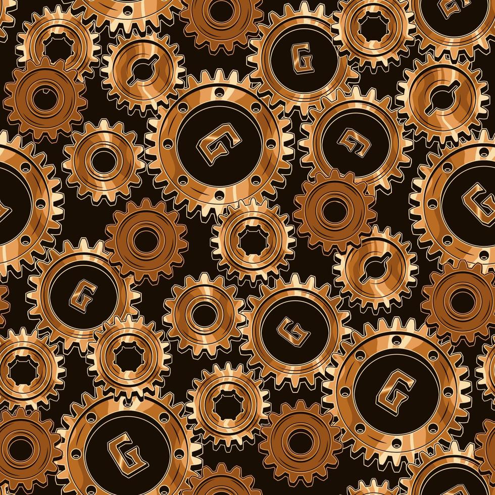 Seamless mechanical pattern with rusty and polished bronze machine gears on a black background. Dense composition. Steampunk style. vector