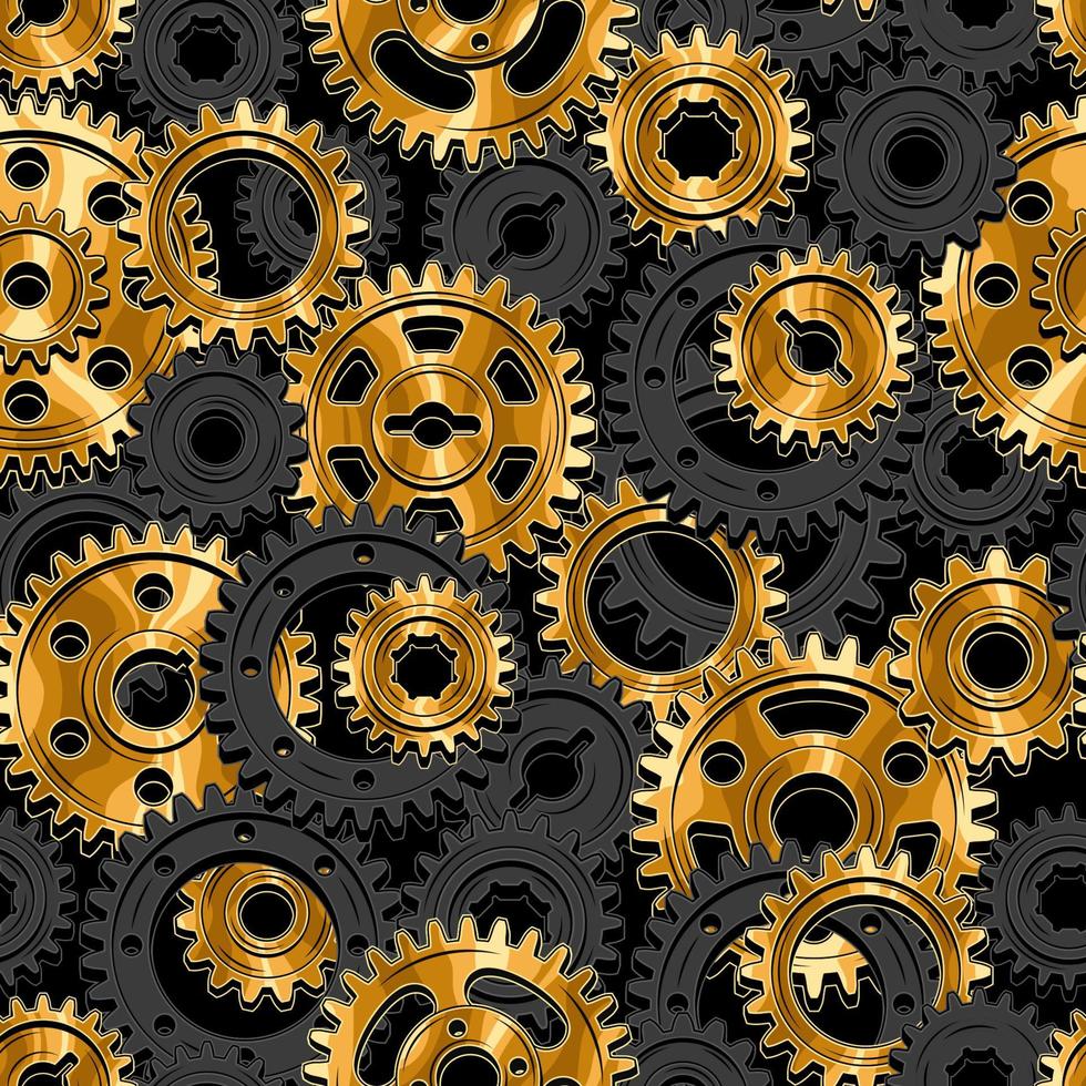 patrón mecánico impecable con engranajes de hierro fundido negro y engranajes de máquina de oro pulido sobre un fondo negro. composición densa. estilo steampunk. vector