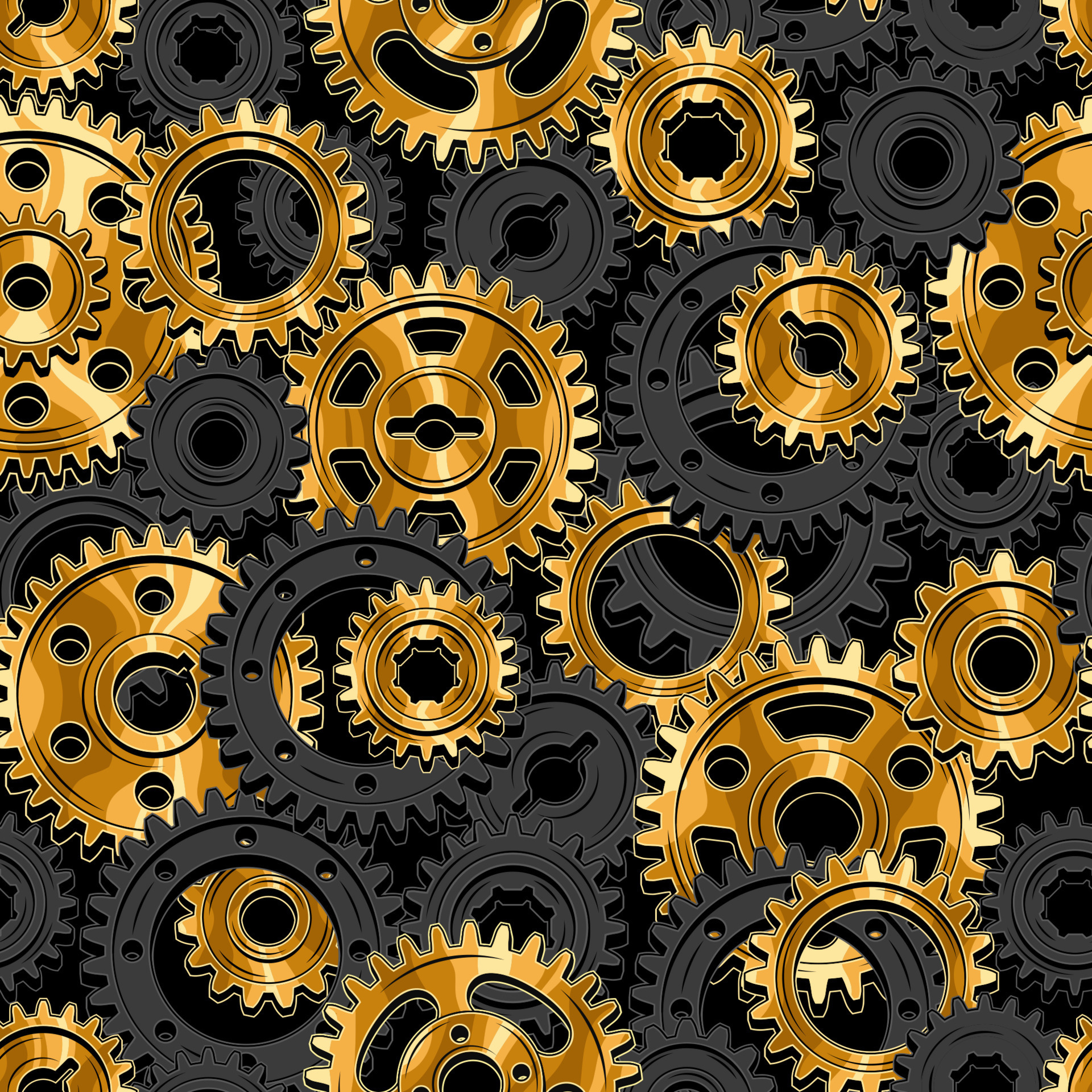 Seamless mechanical pattern with black cast iron gears and polished