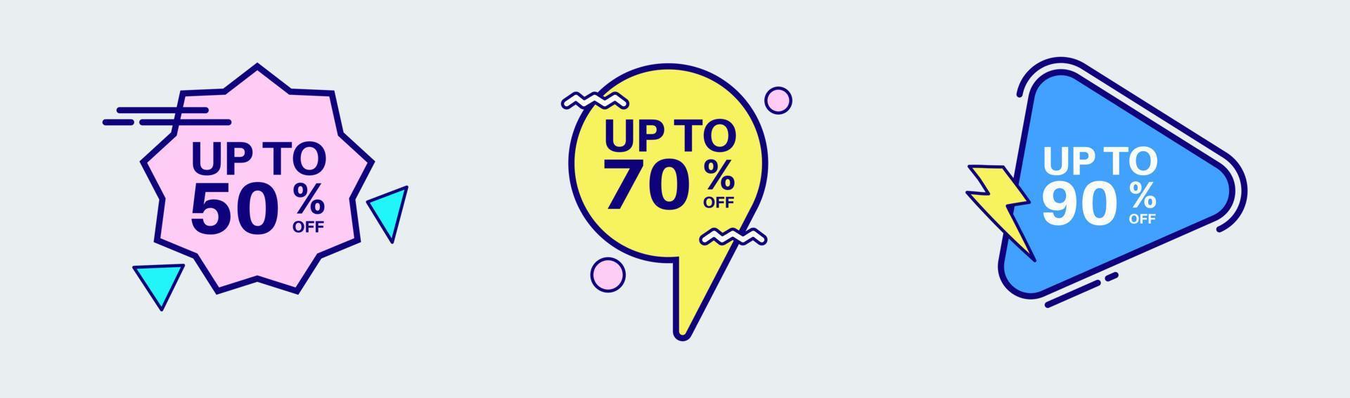 Discount label sticker in retro design style. Sticker with 50, 70, 90, percent off special price. vector