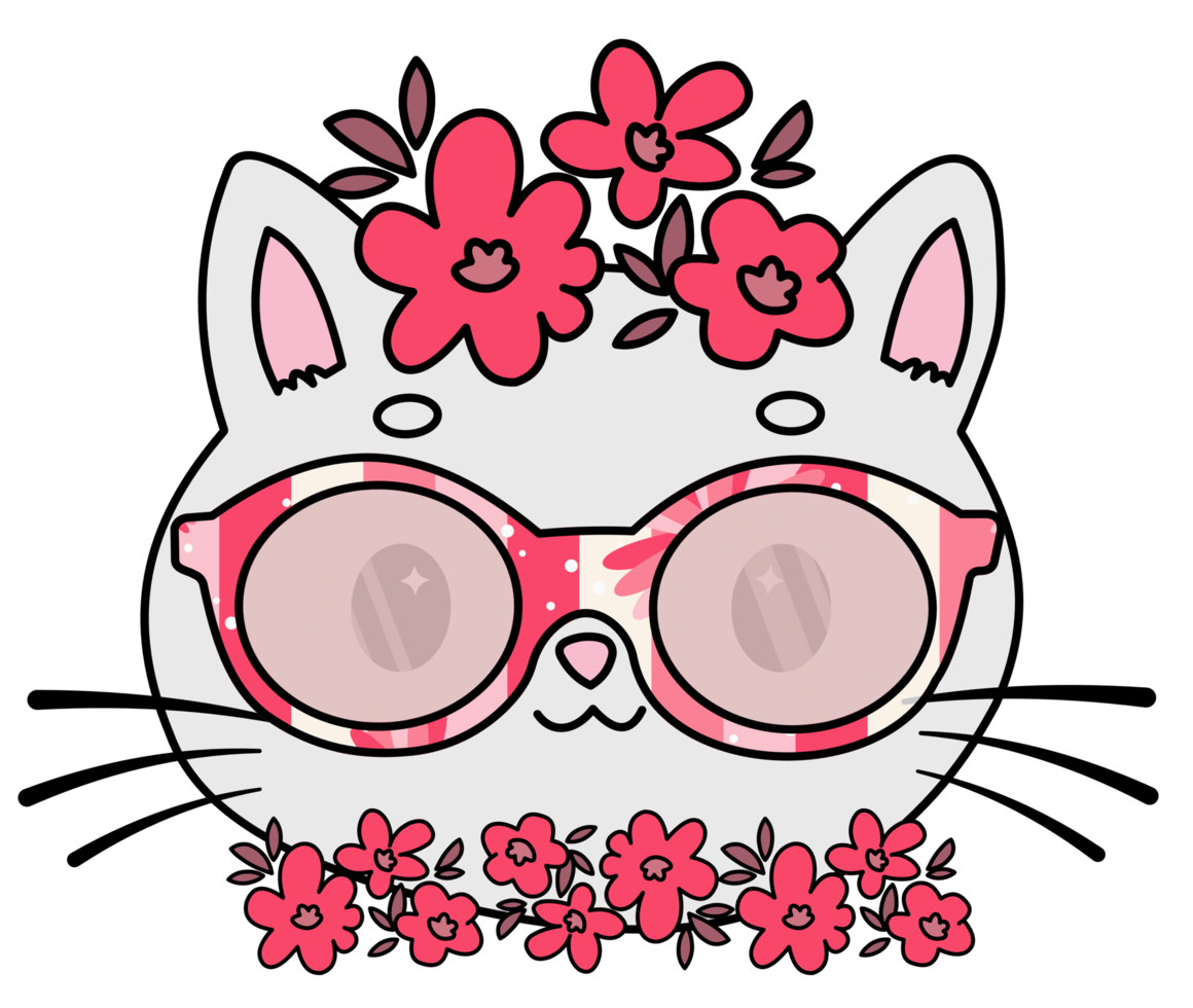 lindo gato en corona de flores con gafas png