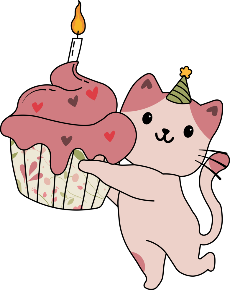 gato bonito com um bolo de aniversário png