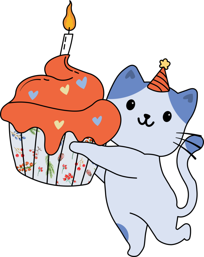 lindo gato con un pastel de cumpleaños png