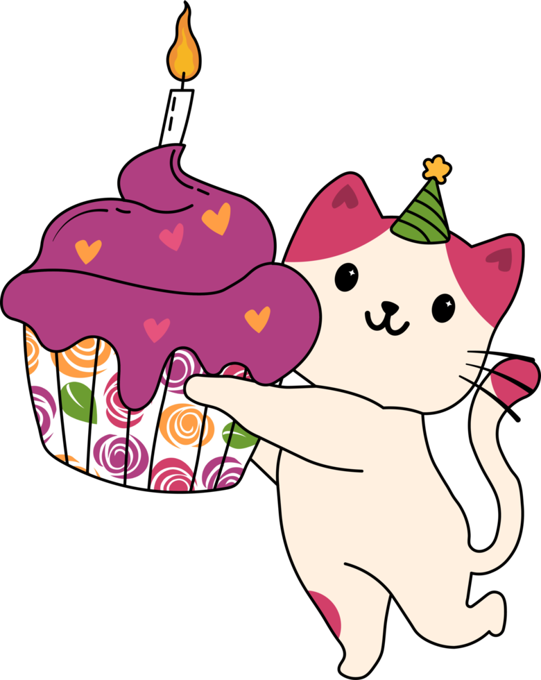 gato bonito com um bolo de aniversário png