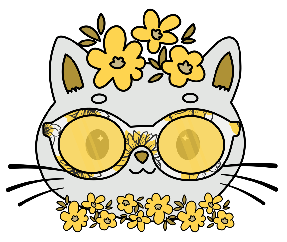 Cute cat in flower crown wearing glasses png