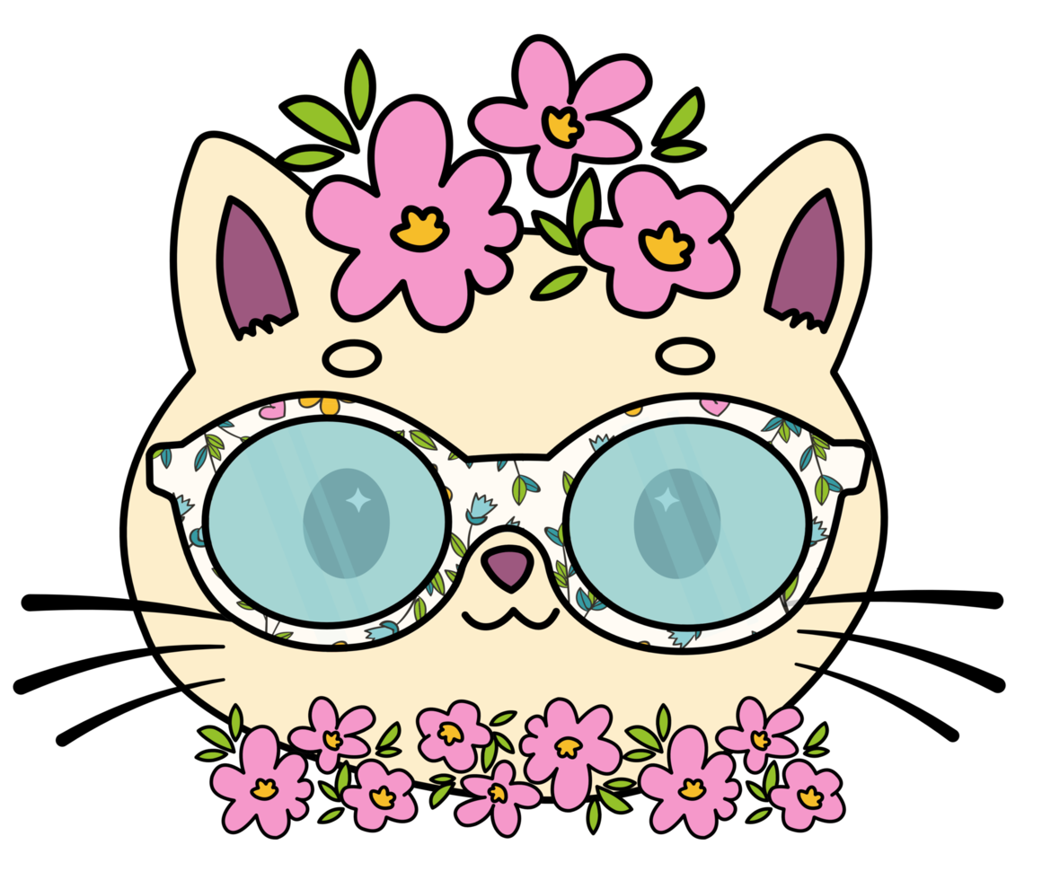 Cute cat in flower crown wearing glasses png