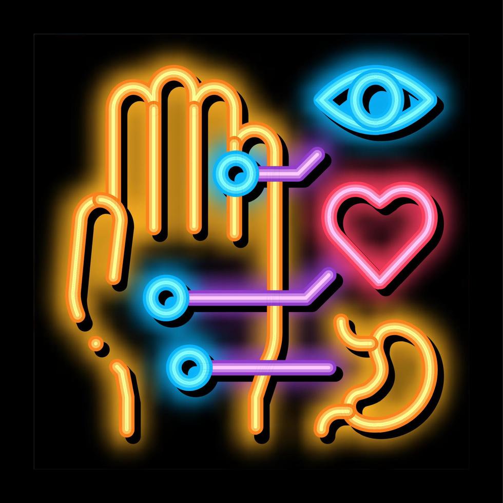 different points of impact of organs on arm neon glow icon illustration vector