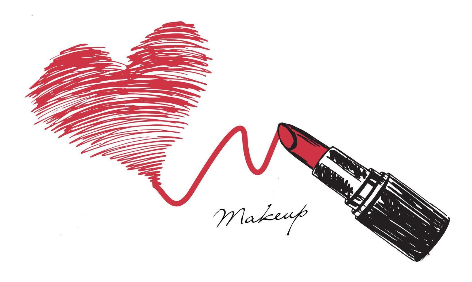 conjunto de maquillaje ilustración dibujada a mano con lápiz labial. corazón grunge. vector