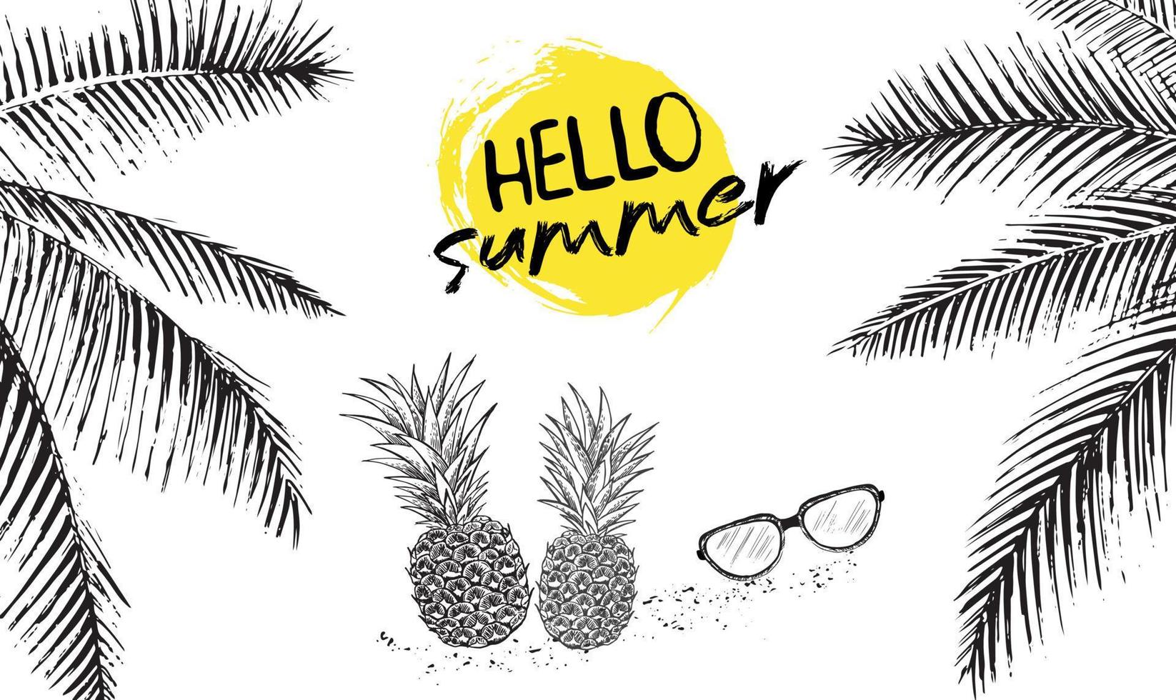 Hello Summer, palm tree, glasses, pineapple. Hand drawn illustration. vector