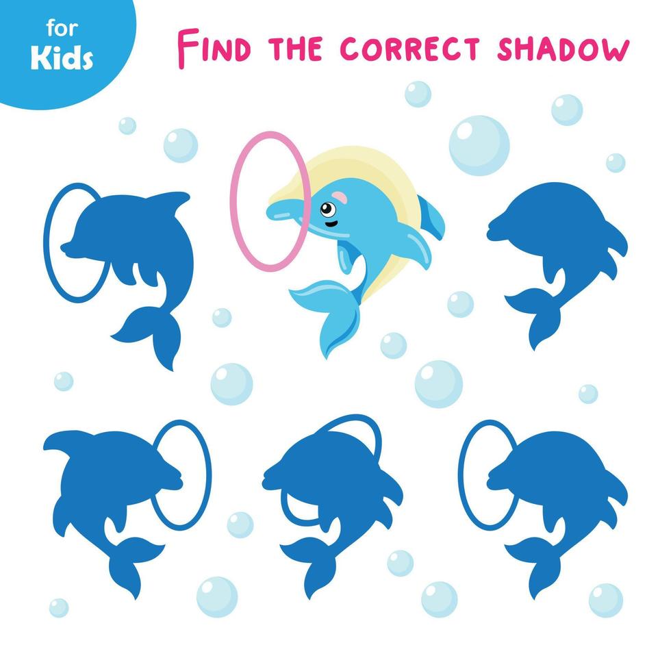 Match The Shadow For The Dolphin, A Series Of Educational Games On The Marine Theme. Introduces Children To Marine Animals. An Interactive And Fun Activity That Helps Kids Improve Their Observation vector