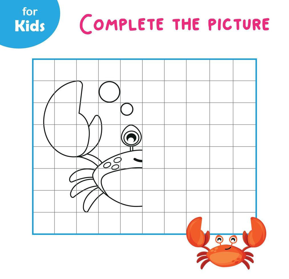 Complete The Picture. Draw The Second Half Of A Funny Cartoon Crab In The Cells. Coloring Book For Children. Ideal For Developing Fine Motor Skills And Creativity. Marine Series Of Mini-games vector