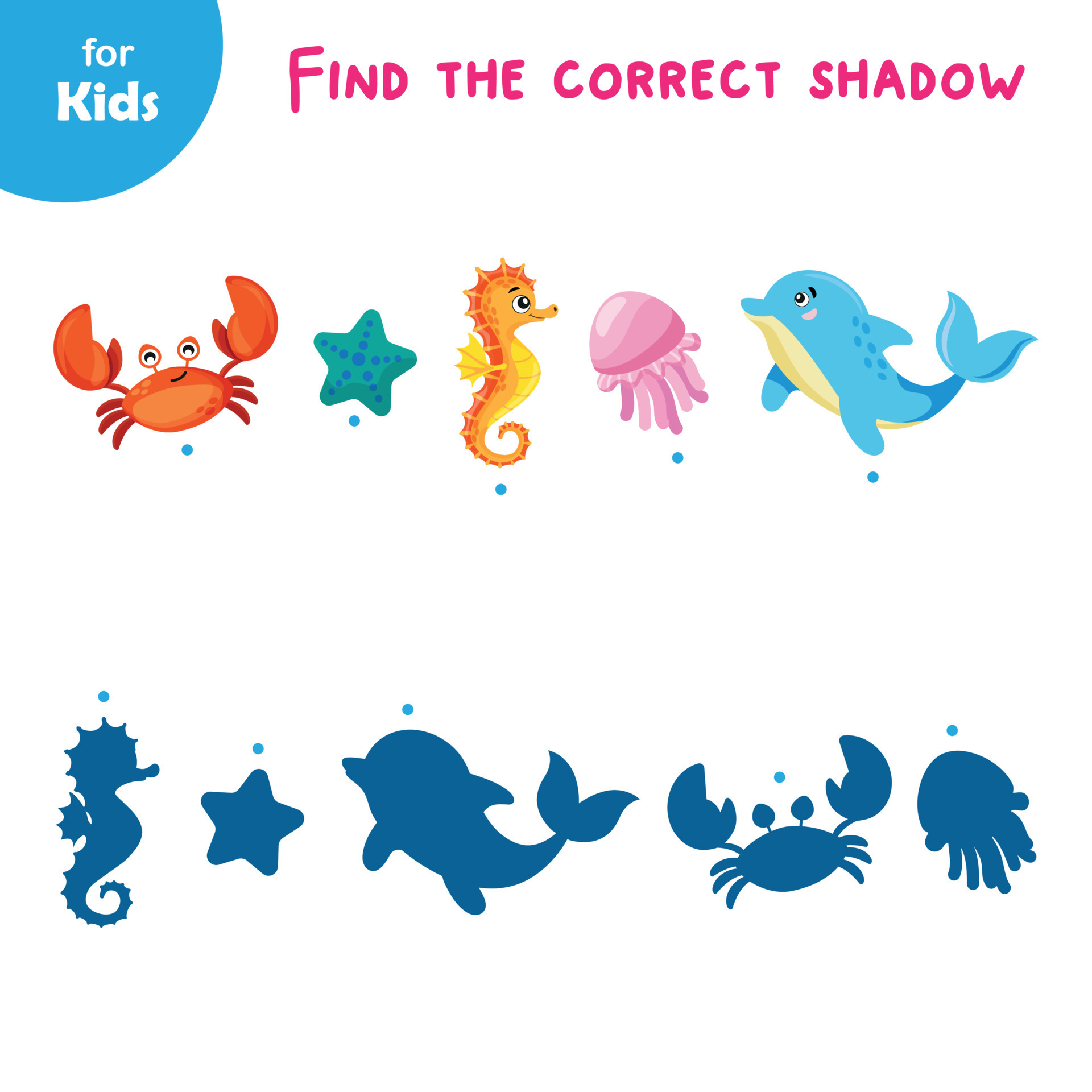 A Series Of Educational Games On The Marine Theme Find A Shadow. Introduces  Children To Marine Animals. An Interactive And Fun Activity That Helps Kids  Improve Their Powers Of Observation. 17774803 Vector
