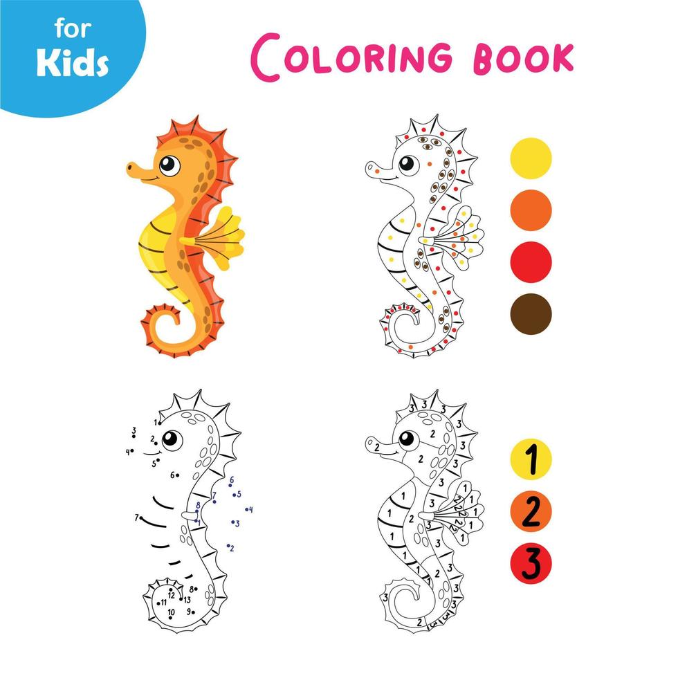 divertido libro de colorear de caballitos de mar de dibujos animados para niños. colorea por número, conecta las líneas, punto por punto. ideal para desarrollar la motricidad fina y la creatividad. educación de los niños. serie marina de minijuegos vector