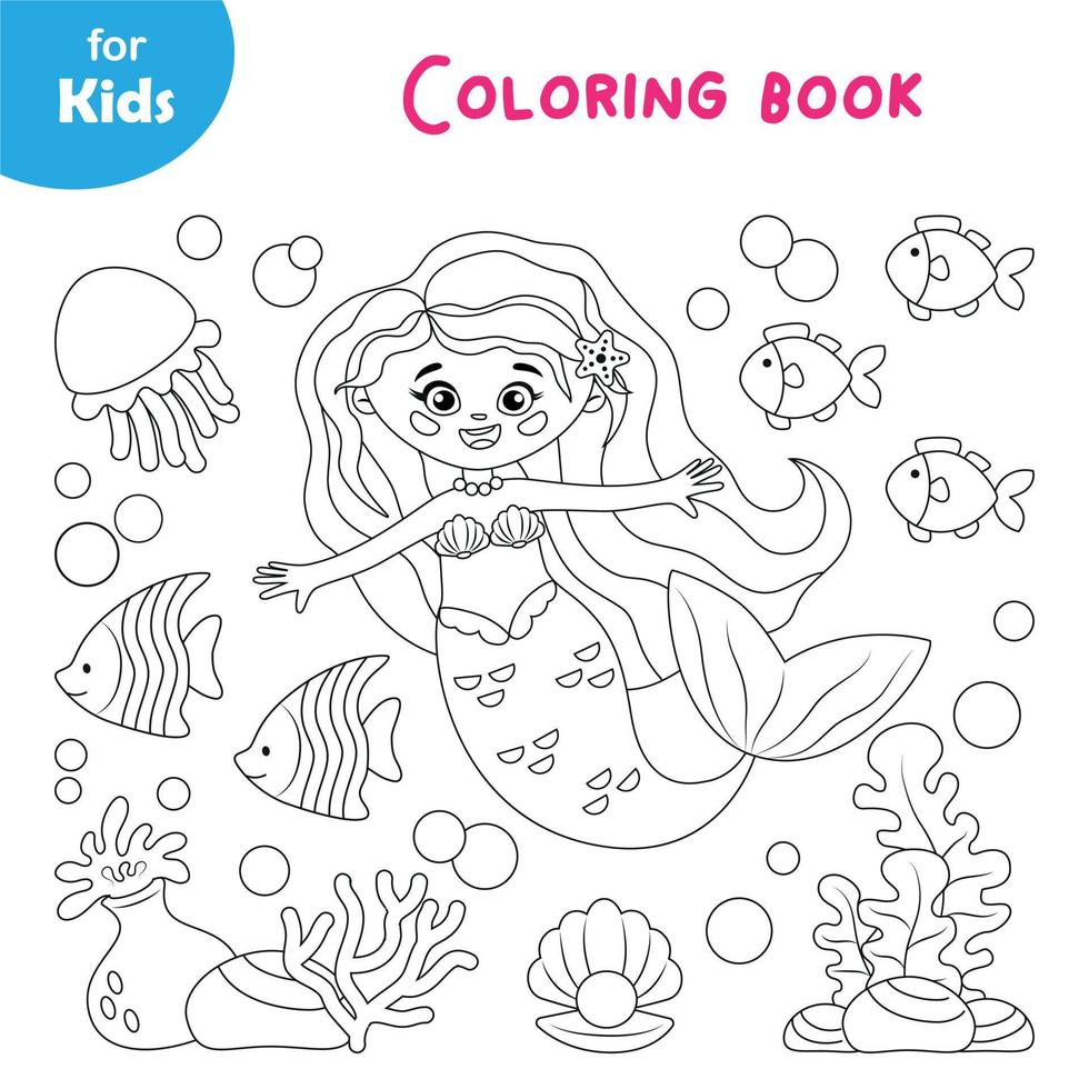 Mermaid Coloring For Children, A Series Of Pictures. Contains Cute Illustrations Of Mermaids And Sea Creatures. Ideal For Igniting Imagination And Creativity In Children. Colorful Sea Creatures vector