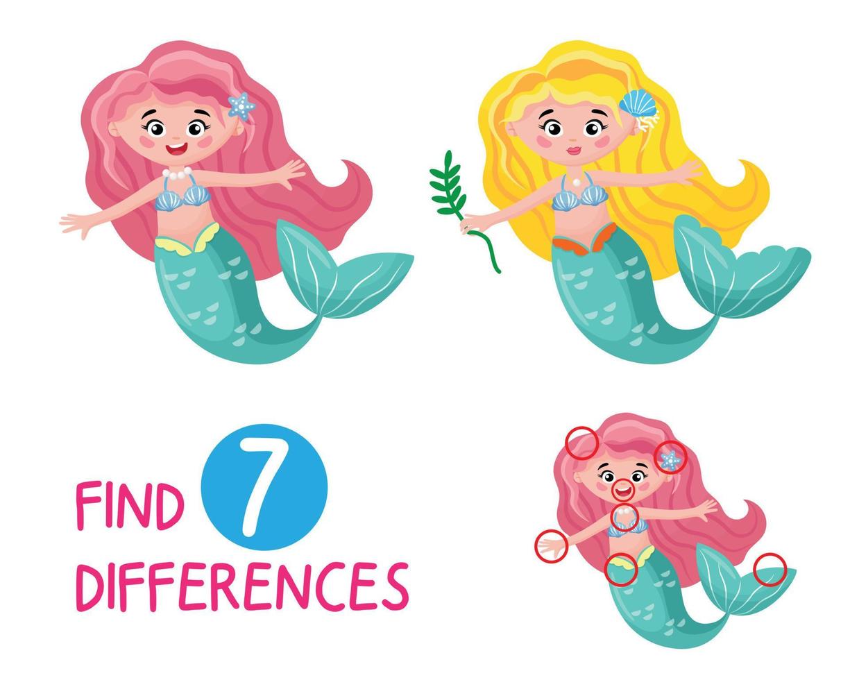 mini juego para niños, aprende la imagen de sirena al estilo de dibujos animados. mire con atención, encuentre 7 diferencias entre las imágenes, este juego es para niños y les ayuda a prestar atención a los detalles, coloridas criaturas marinas vector