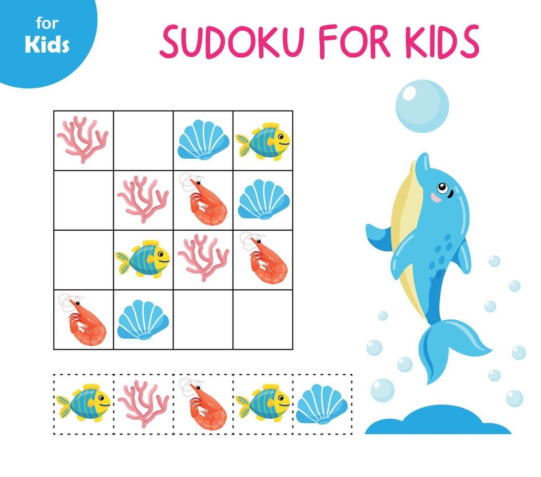 sea sudoku for kids es un juego divertido y educativo para niños que utiliza las reglas clásicas de sudoku con un tema marino. ayuda a los niños a desarrollar habilidades lógicas y de resolución de problemas aprendiendo sobre las criaturas marinas. vector