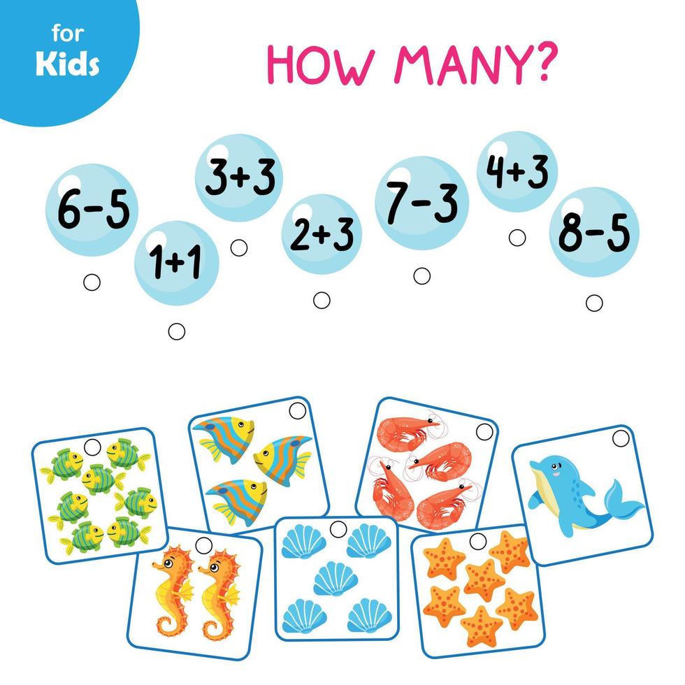 juego de matemáticas para niños. mejora tus habilidades matemáticas con este divertido juego náutico para niños. resuelve ejemplos y conecta con imágenes de delfines, peces y conchas. serie marina vector