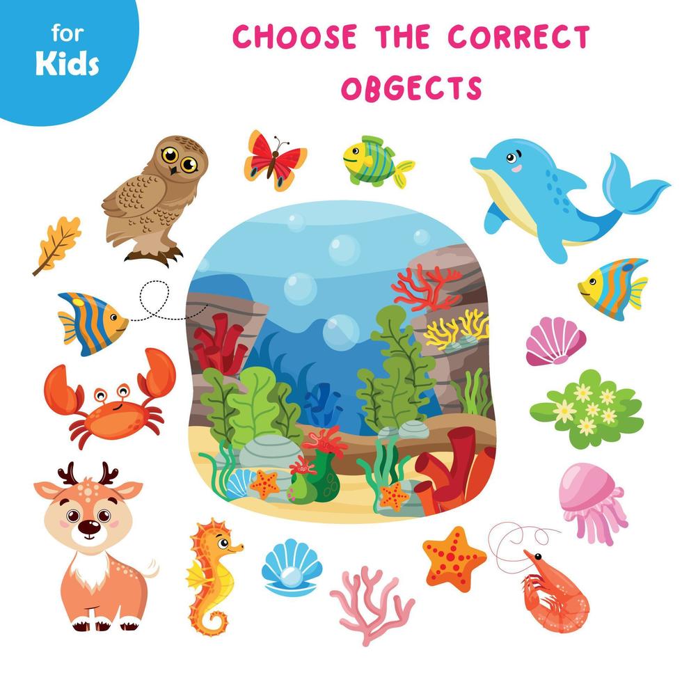 Mini Games For Kids. Choose An Animal That Lives In The Water. Find The Right Character. Recognition Skills By Matching Pictures. They Learn About Sea Creatures, The Marine Environment. Marine Series vector