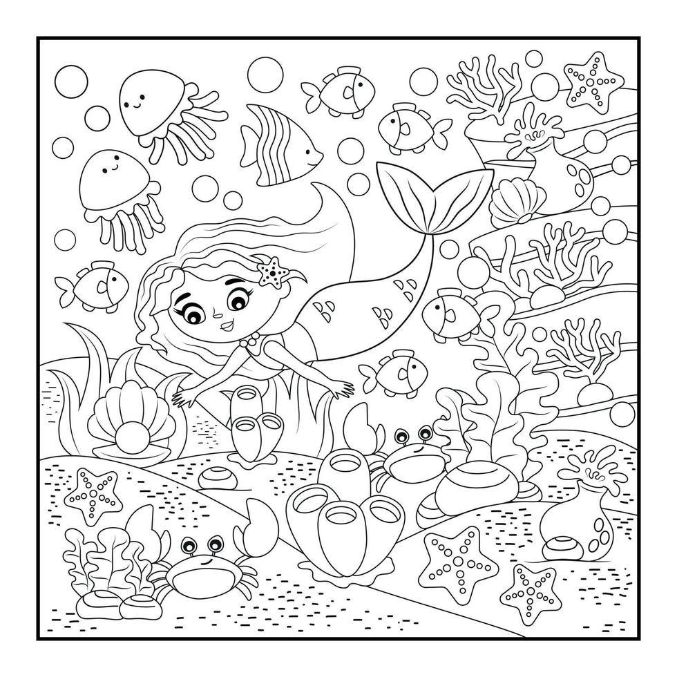 sirena para colorear para niños, una serie de dibujos. contiene lindas ilustraciones de sirenas y criaturas marinas. ideal para encender la imaginación y la creatividad en los niños. coloridas criaturas marinas vector