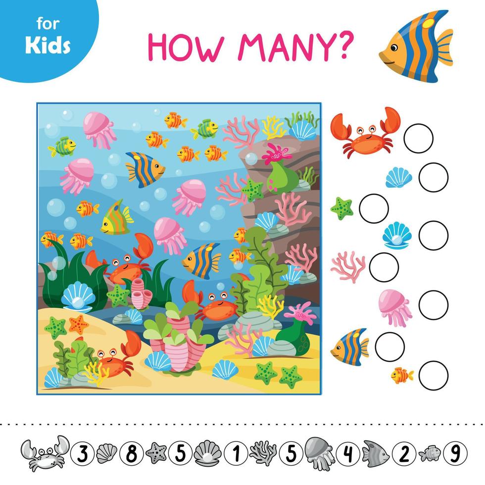 Mini Game For Children. A Fun Game For Kids Where They Find And Count All The Sea Figures Hidden In The Picture. Perfect For Developing Counting And Observation Skills. Education Of Children. vector