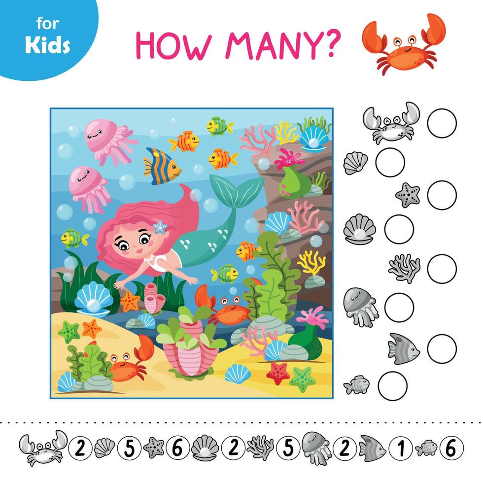 Mini Game For Children. A Fun Game For Kids Where They Find And Count All The Sea Figures Hidden In The Picture. Perfect For Developing Counting And Observation Skills. Education Of Children. vector
