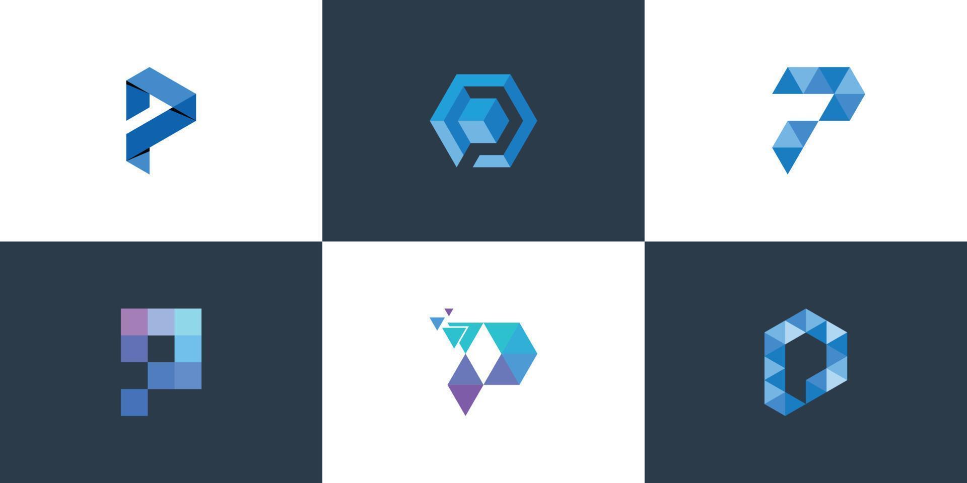 Set of abstract letter p with pixel tech concept logo design vector