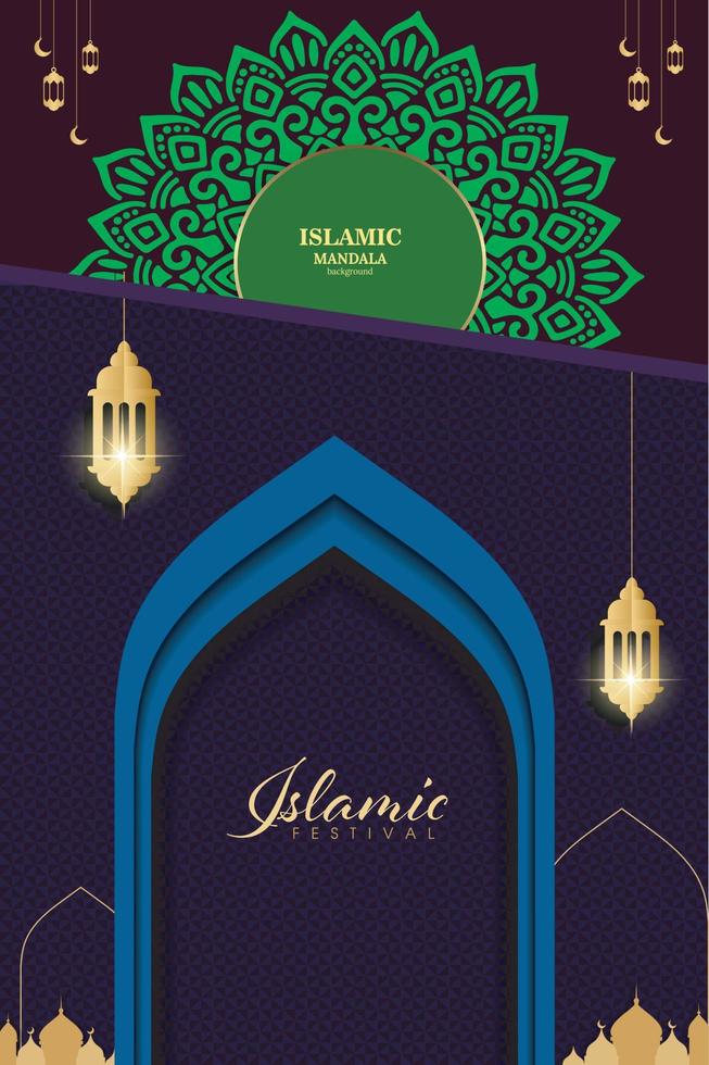 Ramadan Kareem greeting card design with mandala art Islamic calligraphy, Islamic Ramadan Poster 'Ramadan Kareem background with beautiful lanterns mosque Miner and Islamic Arabic Banner. vector