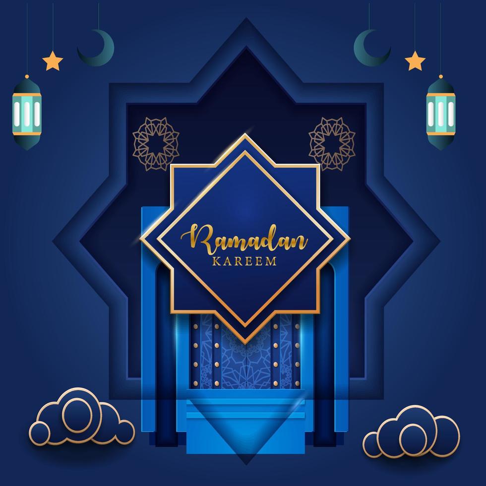 diseño de tarjeta de felicitación de ramadan kareem con caligrafía islámica de arte mandala, afiche islámico de ramadan 'fondo de ramadan kareem con hermosos faroles minero de mezquita y pancarta árabe islámica. vector