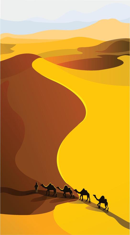 un cartel que representa un paisaje desértico con dunas de arena y una caravana de camellos en color predominantemente dorado vector