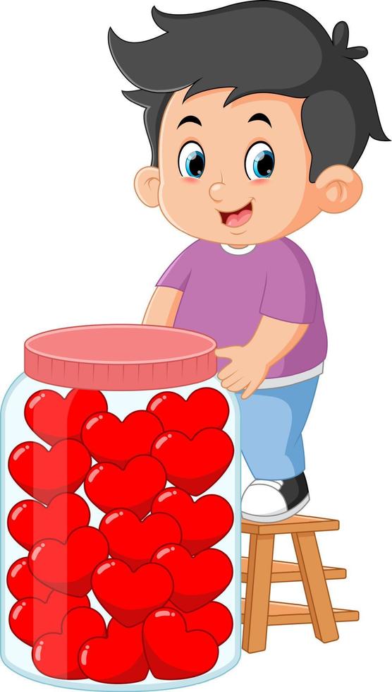 cute boys put lots of red valentine heart cookies in a big jar vector