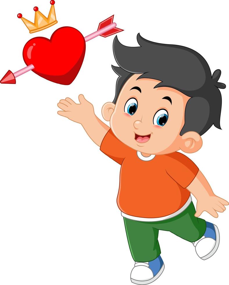 cute boys trying to take red valentine heart in valentine day vector