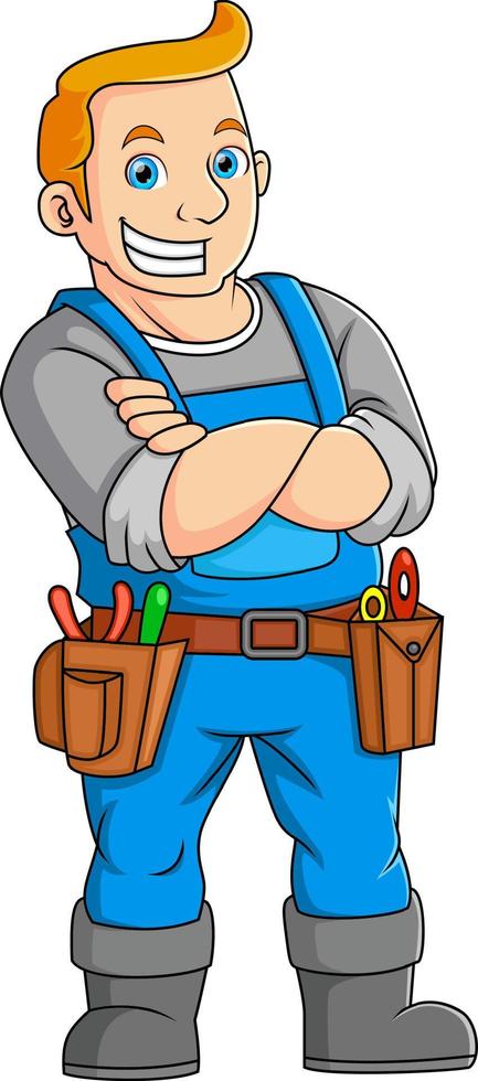 A dashing man posing funny with a electrician uniform vector