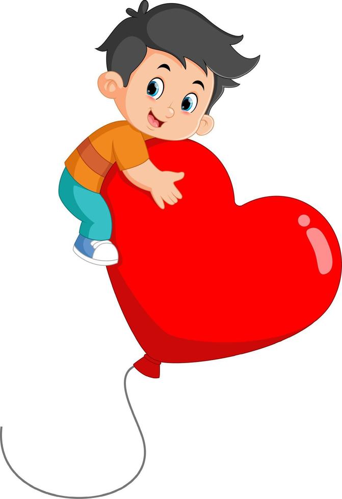 chicos lindos jugando con grandes globos de corazón rojo vector