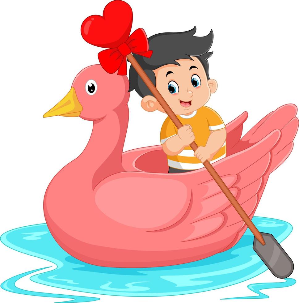 cute boys are rowing on a swan-shaped boat vector