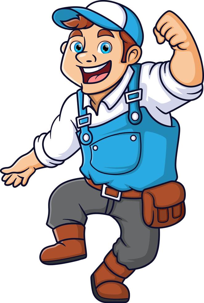 the happy handyman is jumping and excited character vector