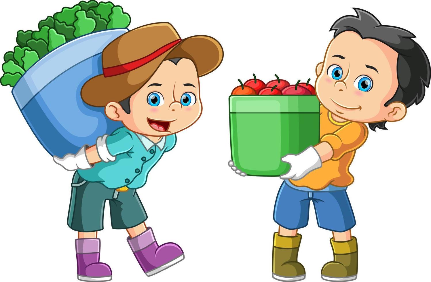 Two men carrying a large basket filled with fresh fruits and vegetables vector