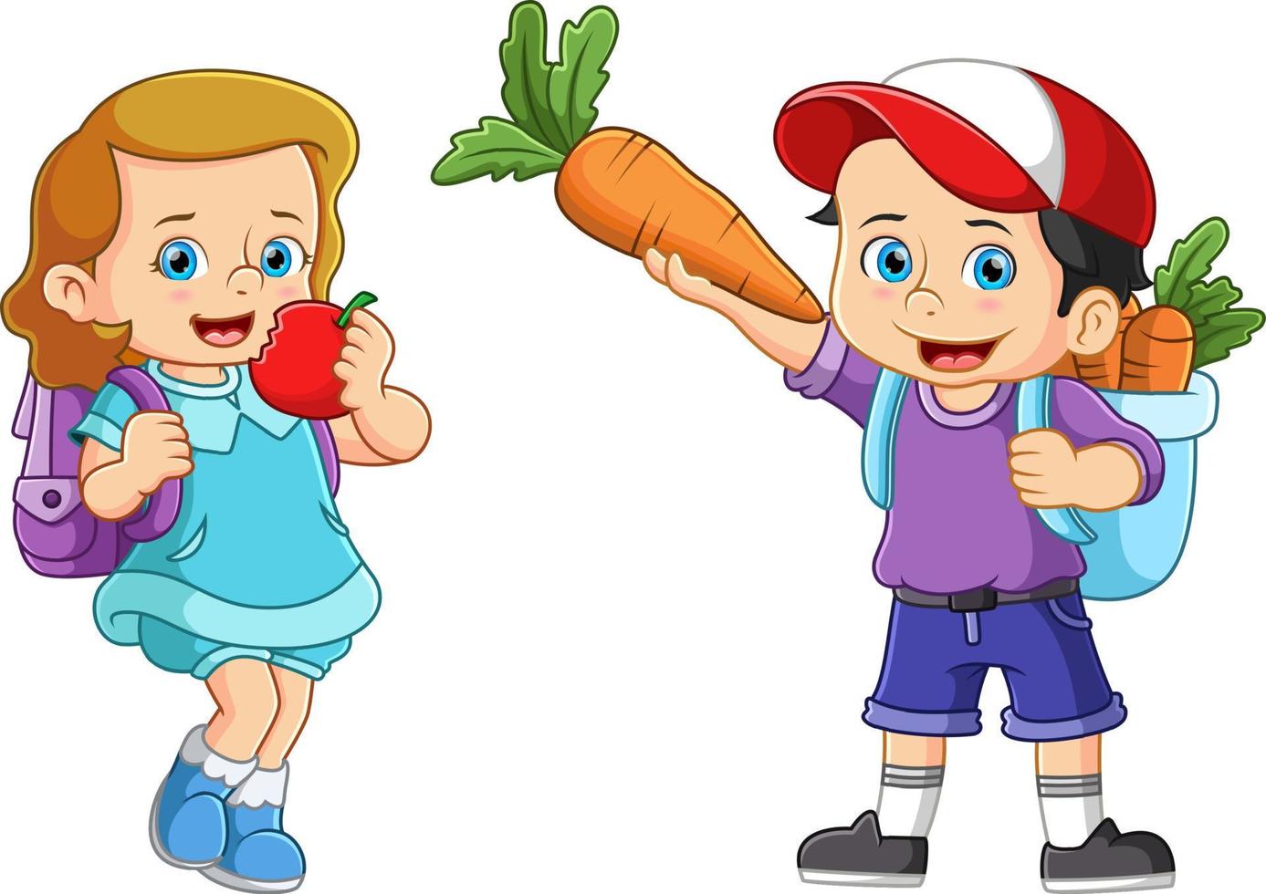 A boy and girl are on an adventure in the garden, enjoying fresh carrots and apples vector