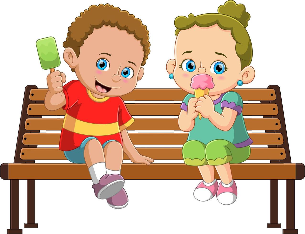 un niño y una niña sentados en sillas del parque comiendo helado vector