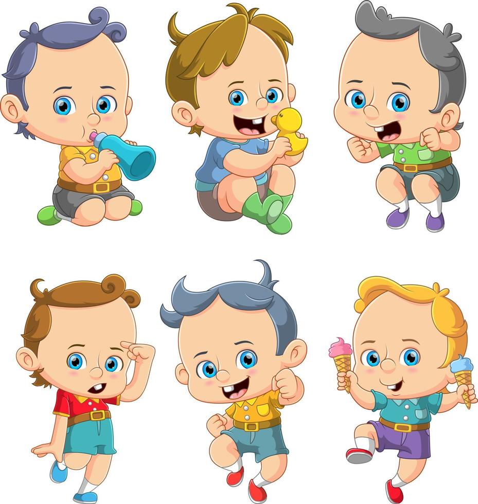 una colección de lindos bebés y niños jugando y posando adorablemente vector