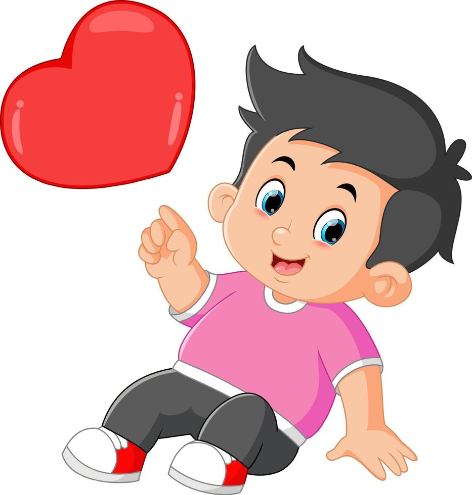 Cute boys are sitting and pointing at a red valentine heart vector