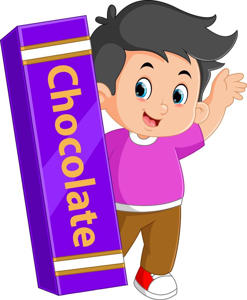 cute boys are posing with a huge chocolate on valentine's day vector