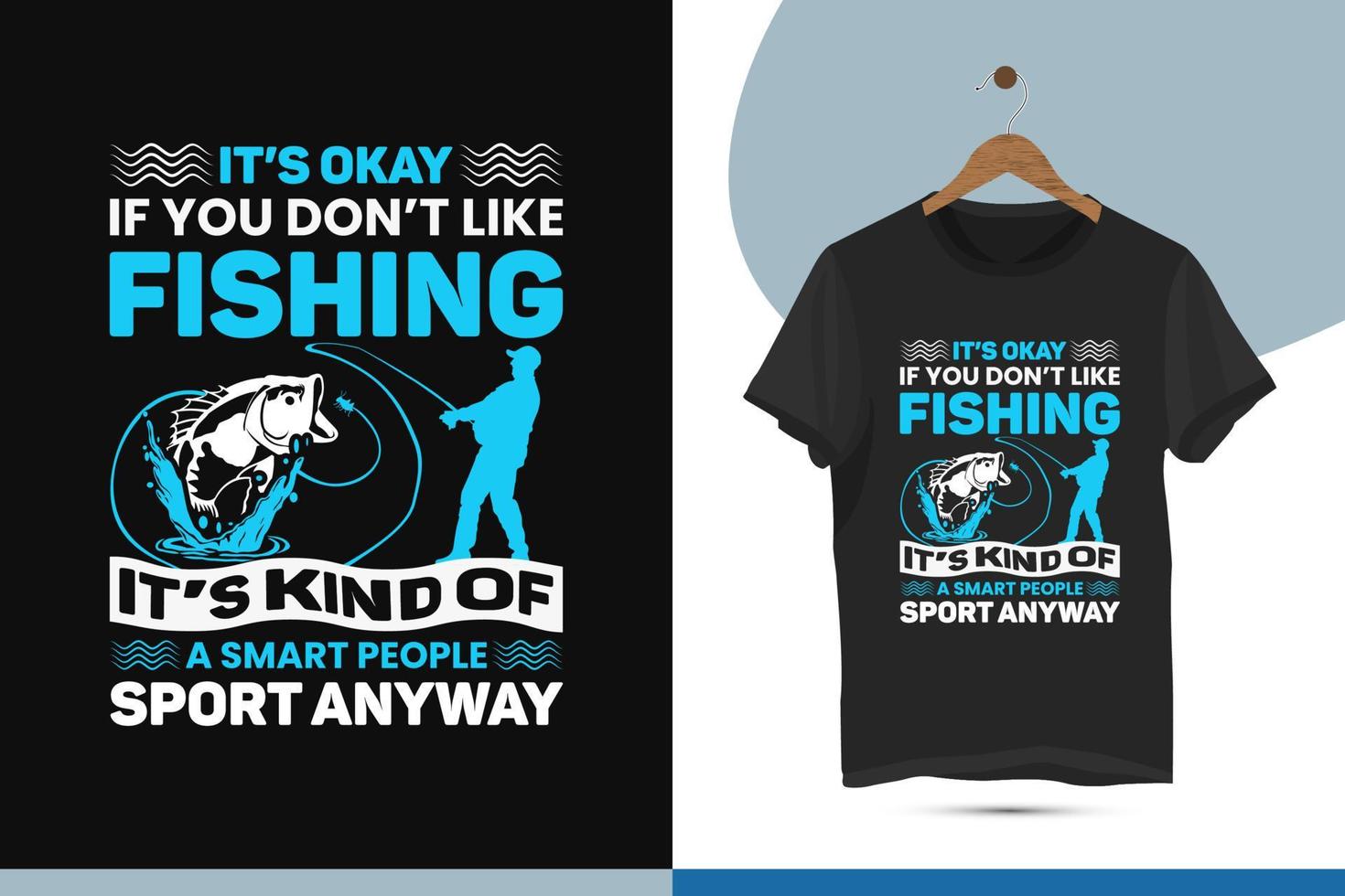 plantilla de diseño de camiseta colorida única de pesca. ilustración vectorial con tipografía, pescado, mar, agua y anzuelo en el fondo negro. vector