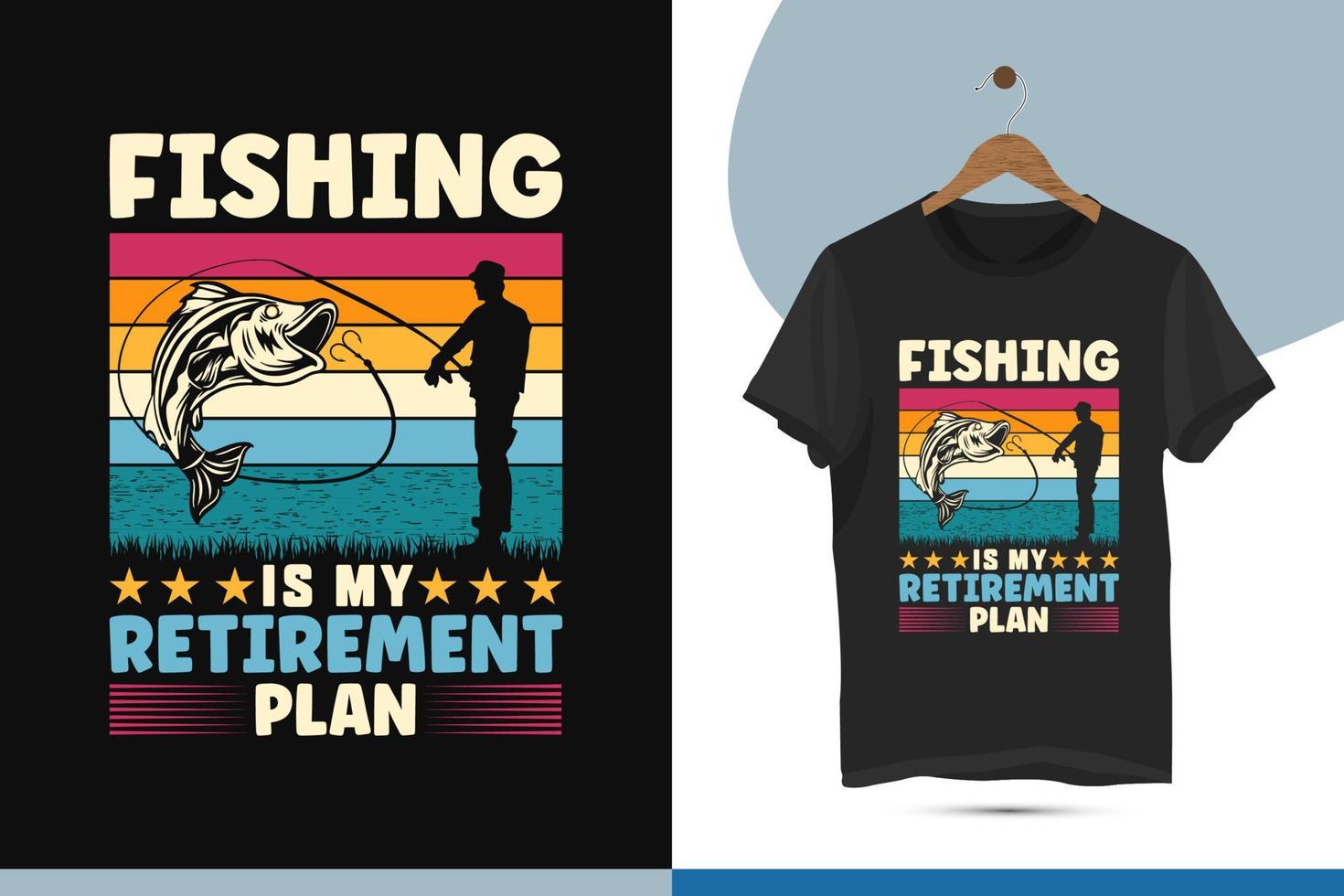 la pesca es mi plan de jubilación: vector, vintage, color retro, plantilla de diseño de camisetas modernas. ilustración con silueta de pescado, anzuelo, hierba y hombre de pesca. vector