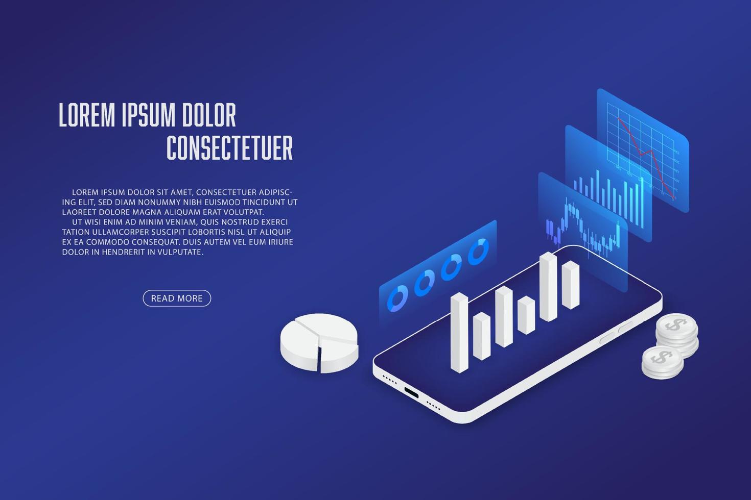 aplicación de teléfono inteligente isométrica vectorial con fondo de inversión empresarial de tecnología de concepto de gráfico de acciones. vector